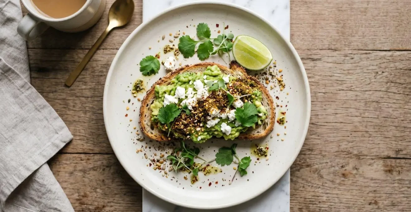 Overhead view of modern Australian breakfast showcasing multicultural fusion ingredients and artistic plating