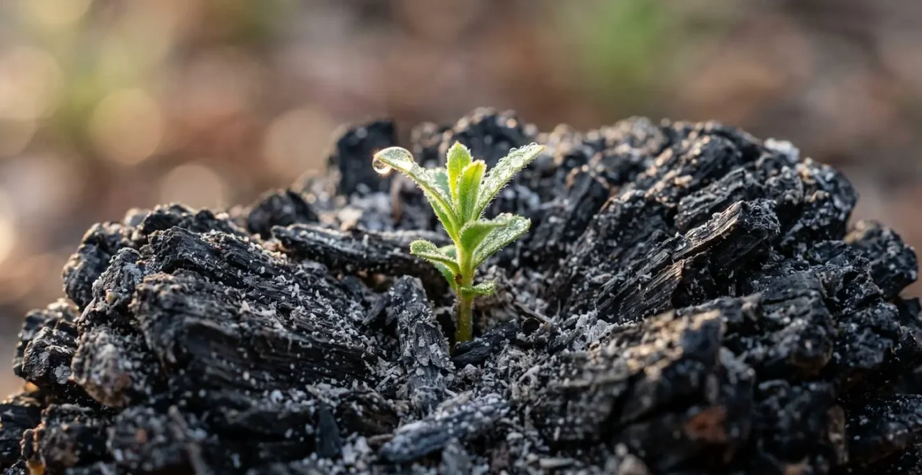 Macro detail of native Australian plant regenerating after cultural burn with new growth emerging
