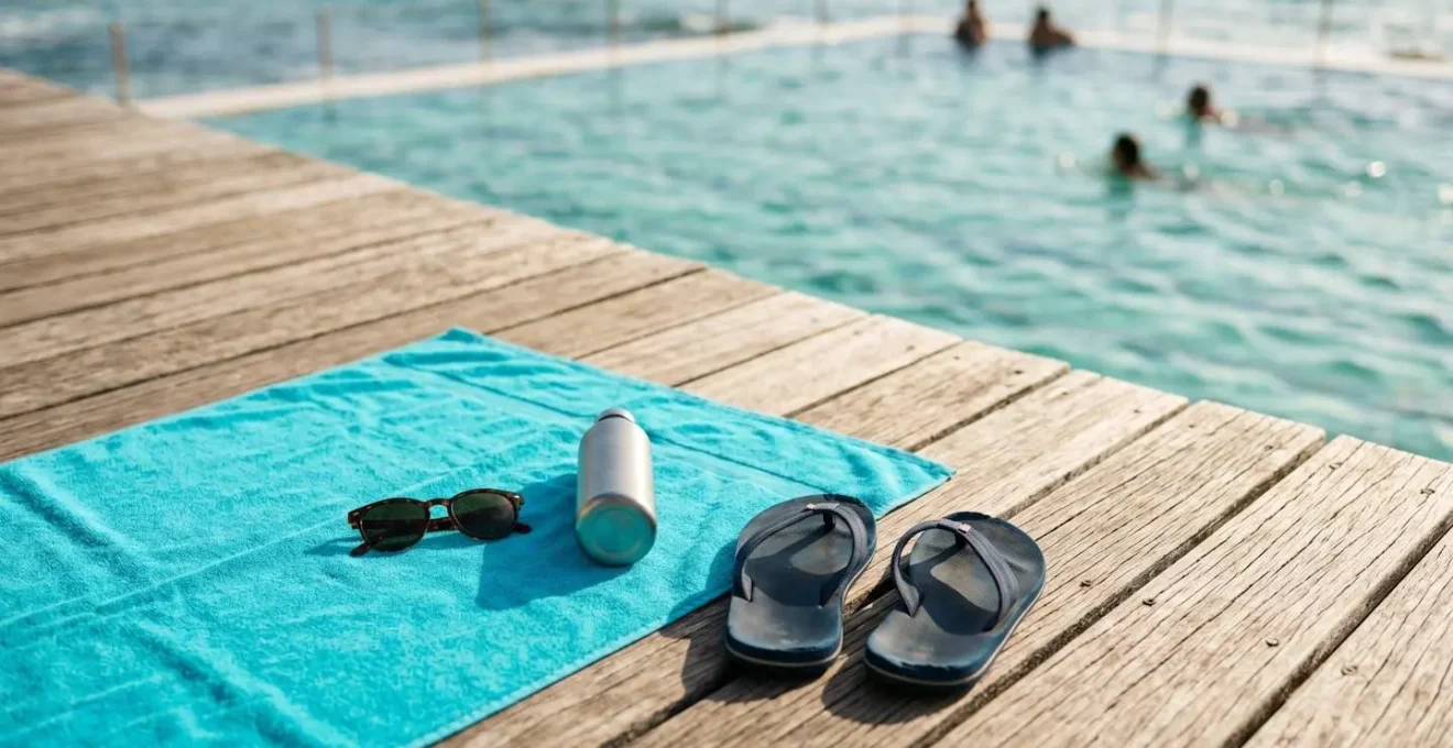 Overhead view of colorful beach belongings arranged on sunny wooden pool deck with ocean pool water visible in background