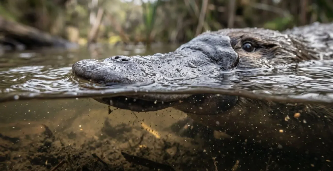 Close-up view of platypus bill underwater showing sensory hunting behavior in murky river habitat