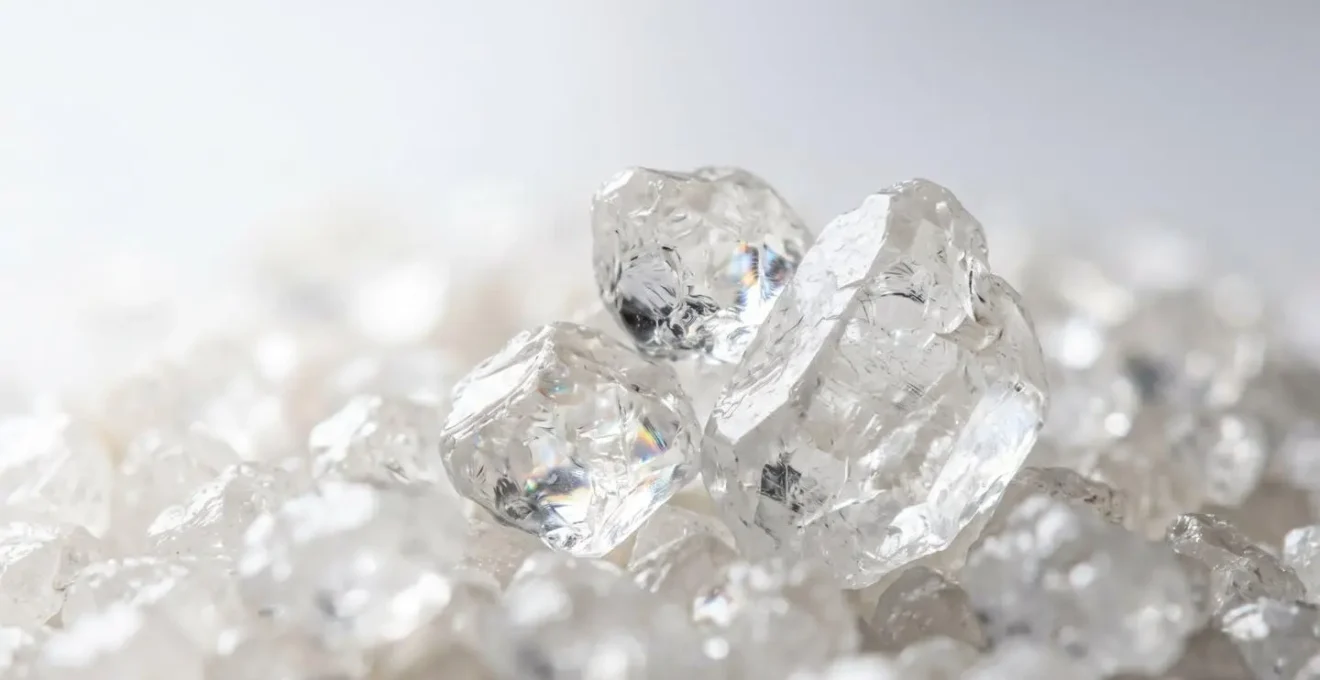 Extreme close-up of pure white quartz sand grains showing crystalline structure and non-porous surface texture that naturally filters water