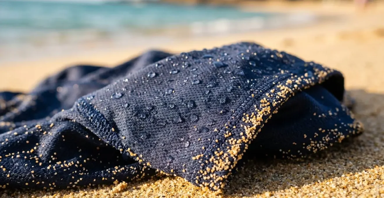 Close-up of textured UPF sun protection rash vest fabric against golden sand with ocean bokeh background