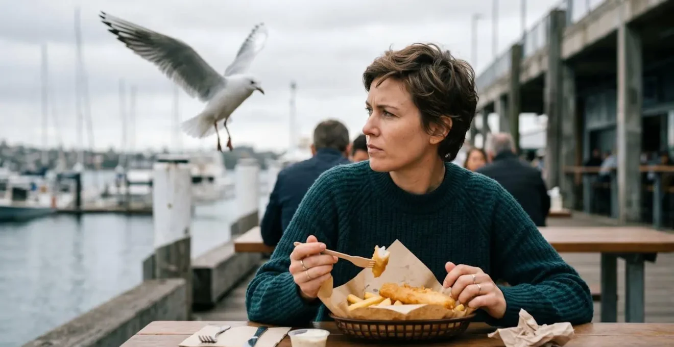 Seagull hovering near outdoor waterfront dining area with diners using defensive eating posture
