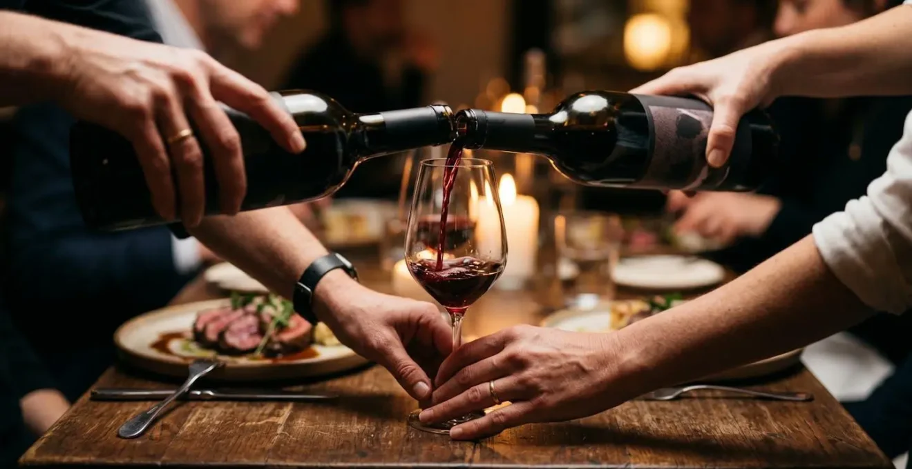 Premium wine pairing with gourmet meat dish in elegant restaurant setting