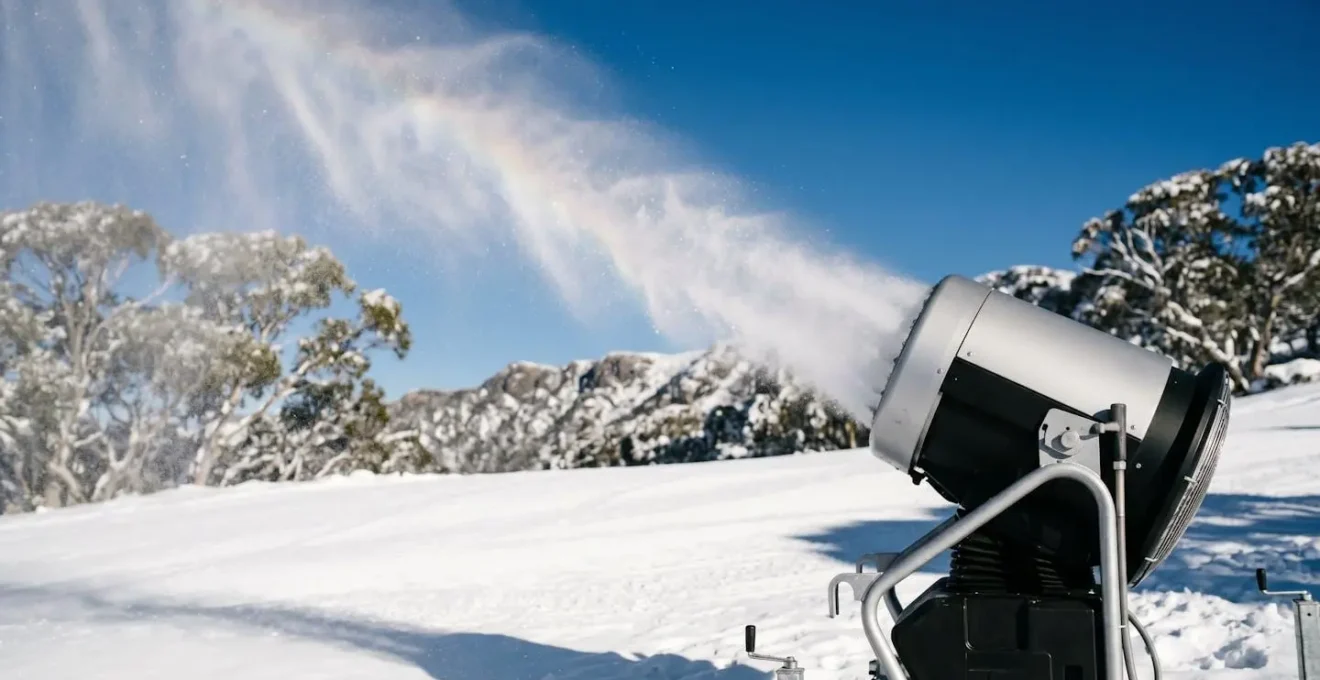 Industrial snow-making equipment spraying artificial snow crystals across ski slope under clear blue winter sky