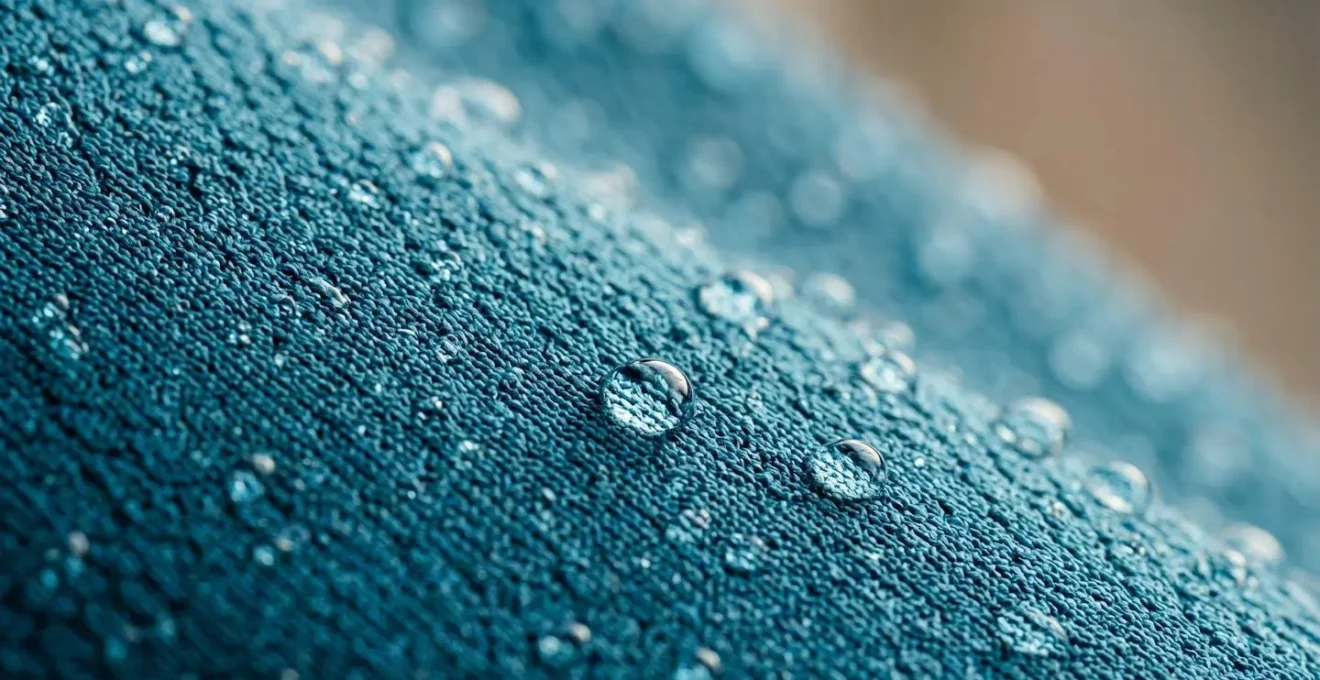 Close-up detail of protective stinger suit fabric with water droplets showing texture and coverage