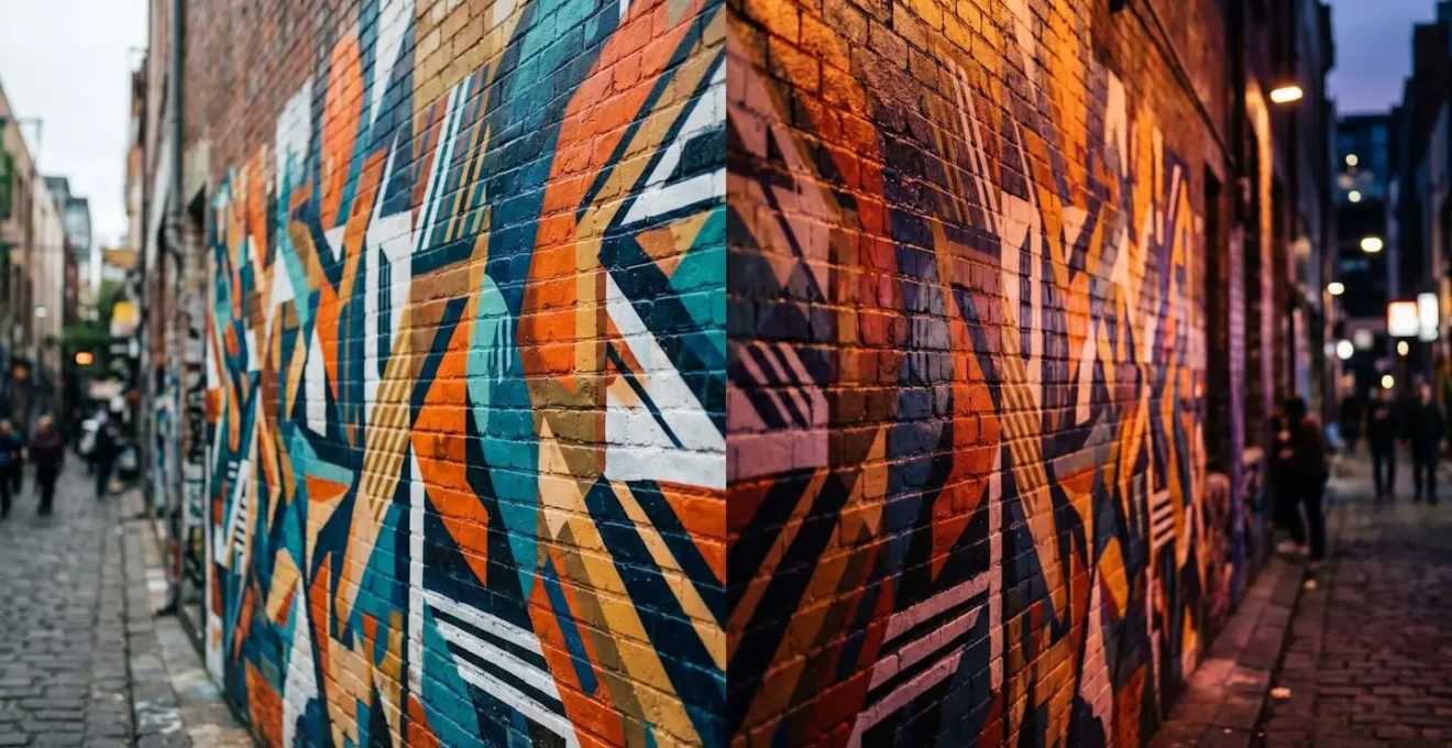 Abstract street art mural detail with vibrant colors under dramatic lighting