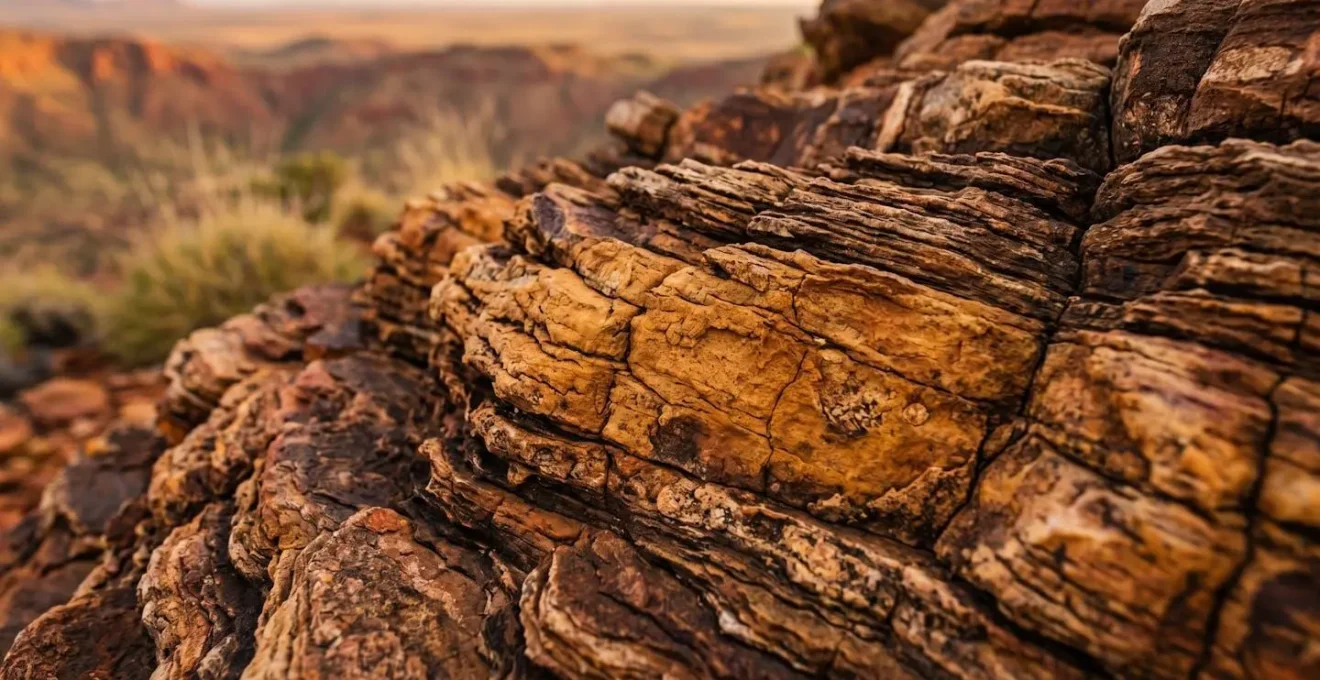 Ancient weathered red rock formation rising from desert floor with layered sedimentary textures visible in warm afternoon light