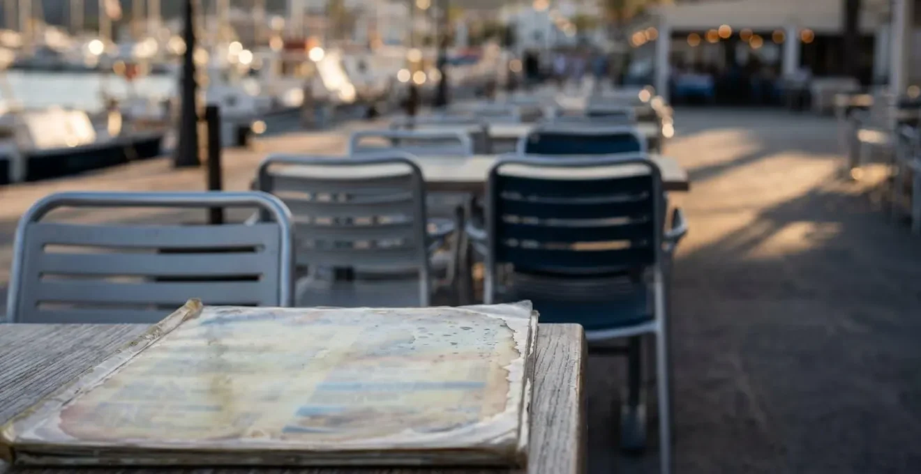 Symbolic representation of tourist trap warning signs near waterfront dining area with laminated menus