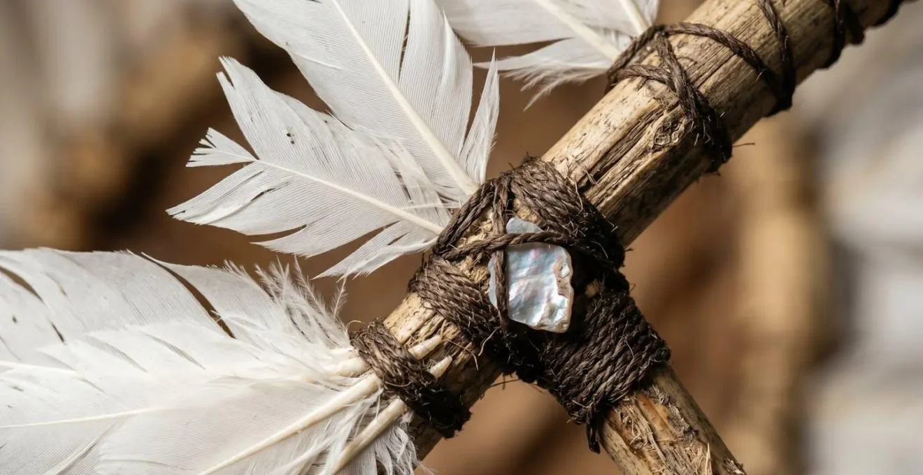 Close-up of traditional Torres Strait Islander dhari headdress showing white feather details and cultural craftsmanship