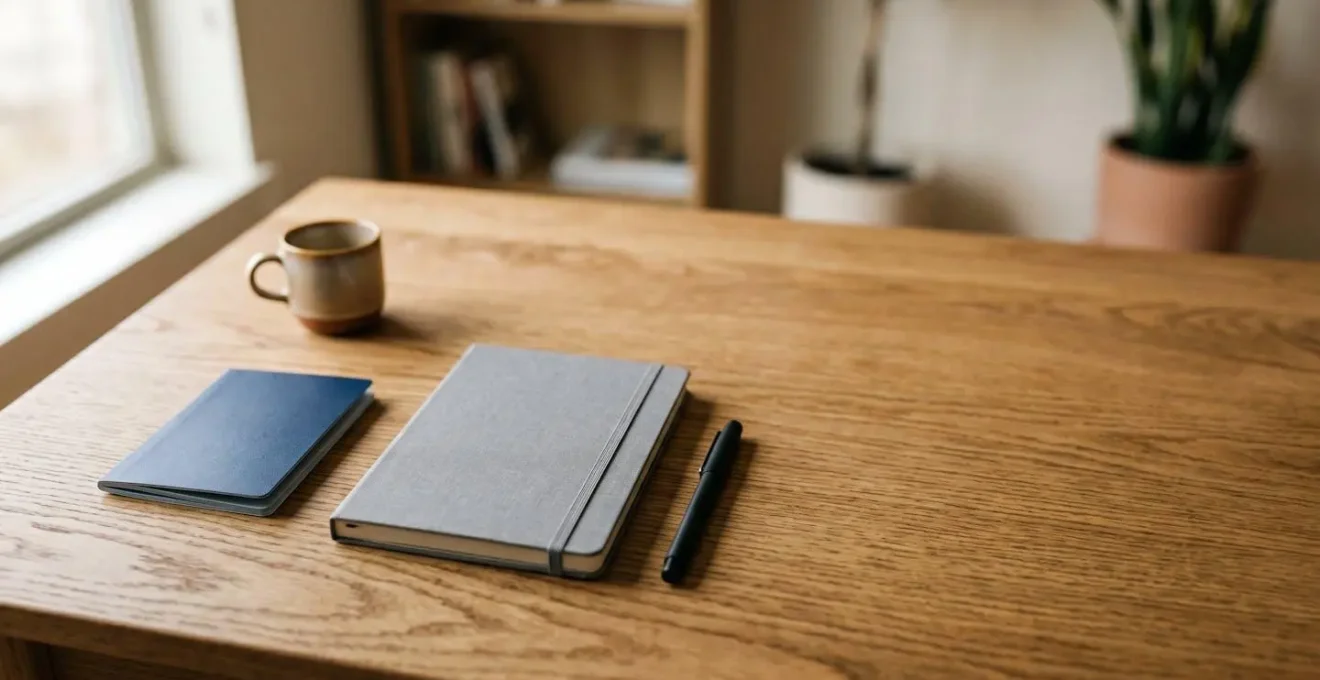 Organized travel workspace showing passport and minimal travel planning materials in natural light
