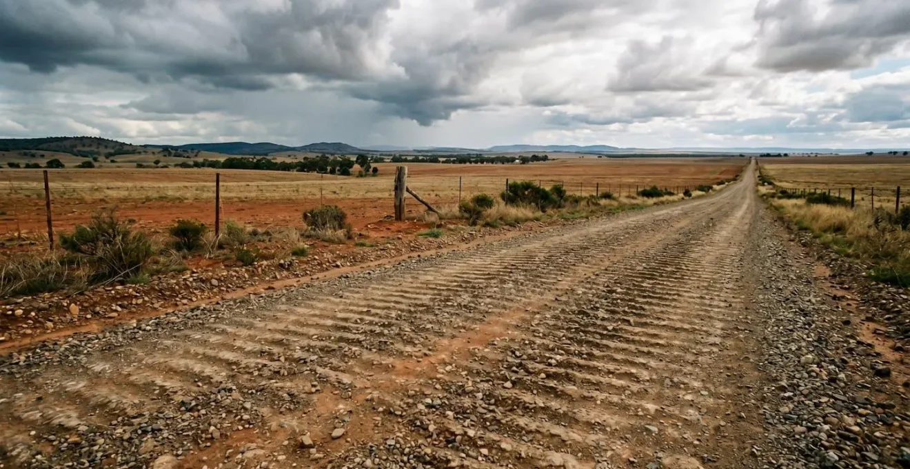 Environmental wide shot of corrugated gravel station access road disappearing into distance under vast Australian sky with dramatic weather approaching