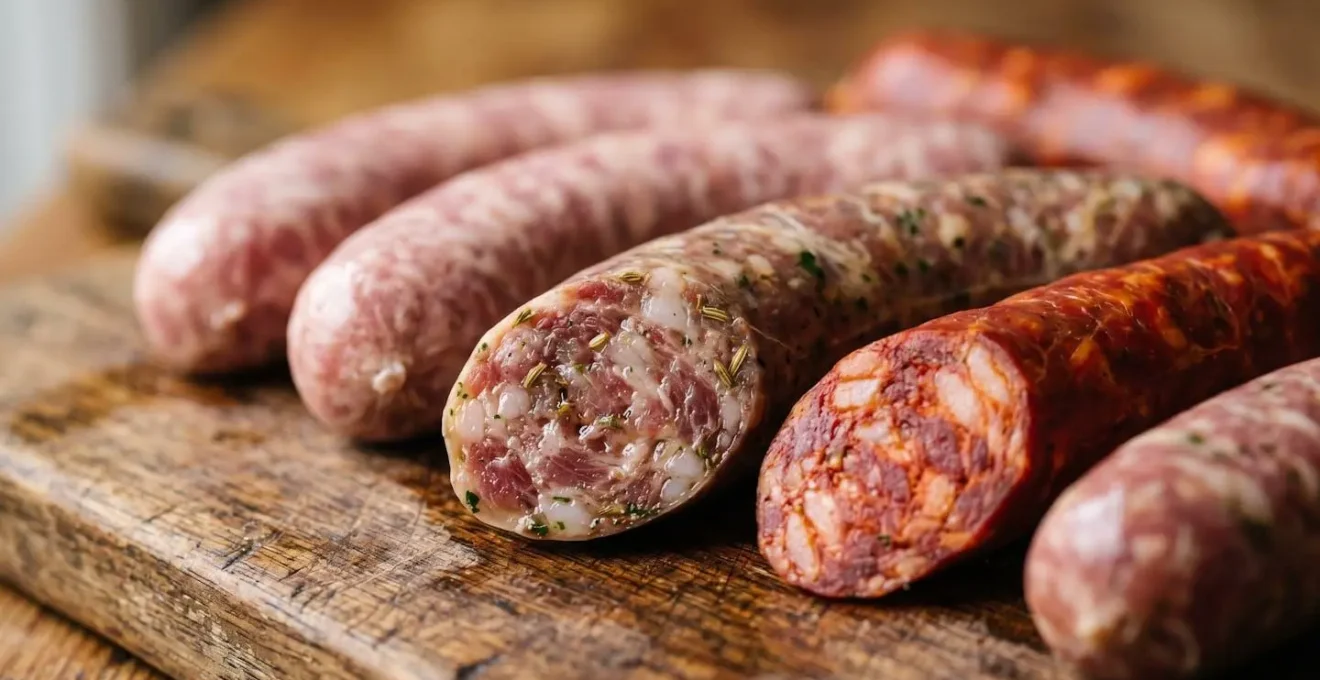 Assortment of fresh uncooked sausages arranged on a clean surface ready for grilling