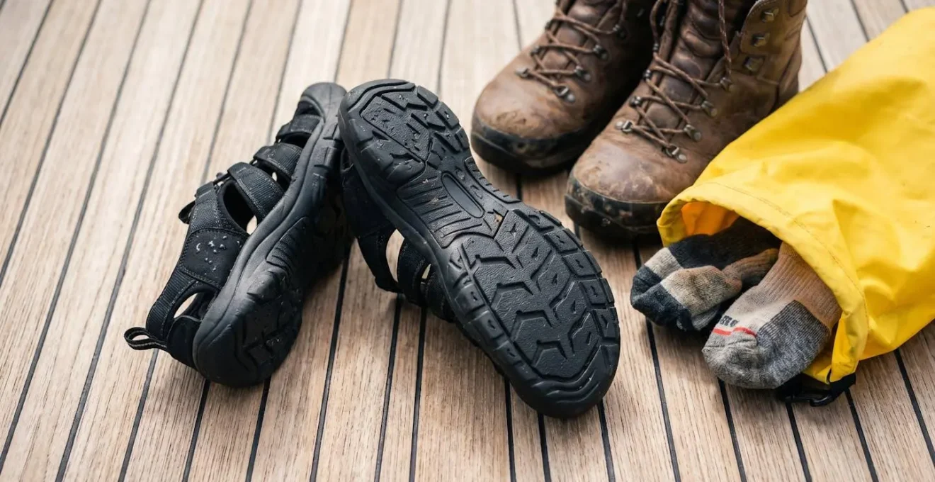 Close-up of expedition footwear system showing rugged water sandals, hiking boots, and roll-top dry bag on weathered wooden deck