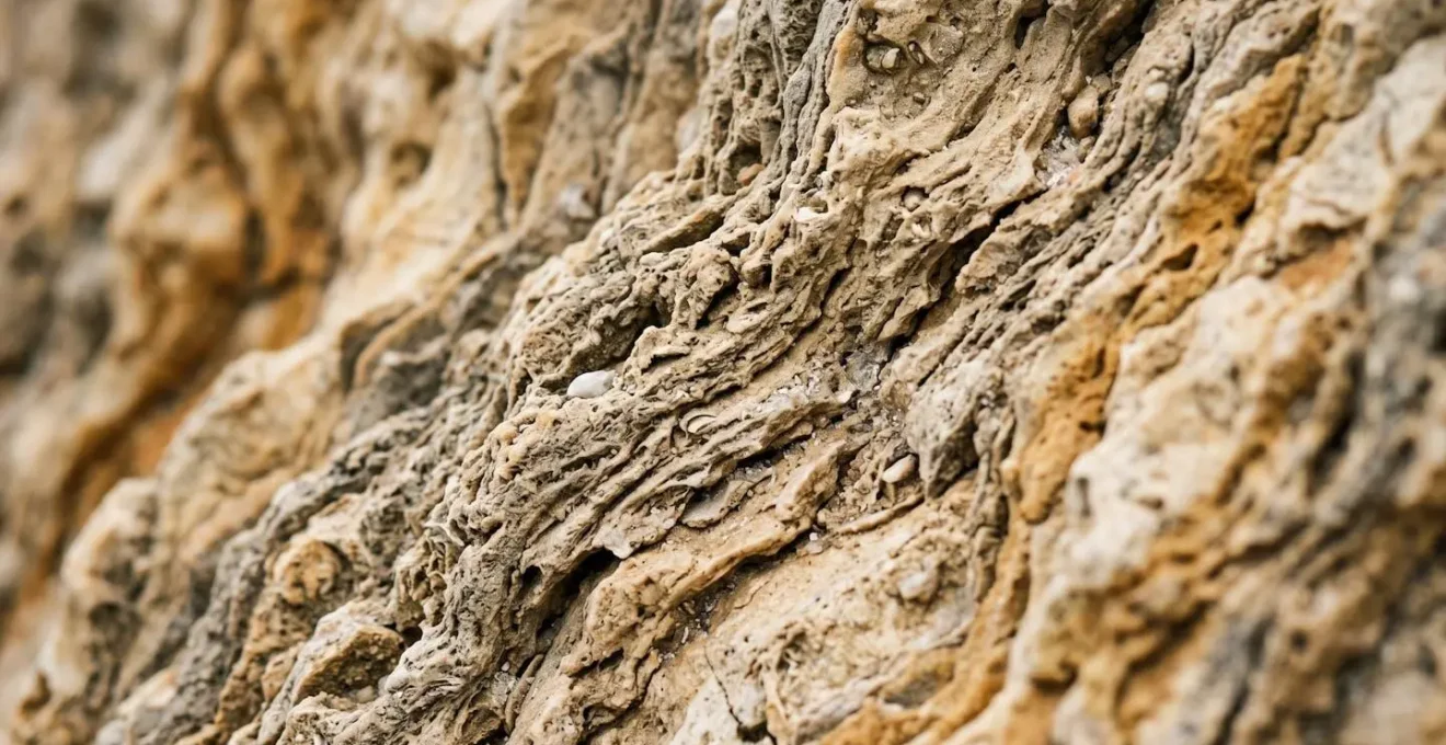Extreme close-up of eroded limestone cliff face showing layered sedimentary patterns and water-carved textures
