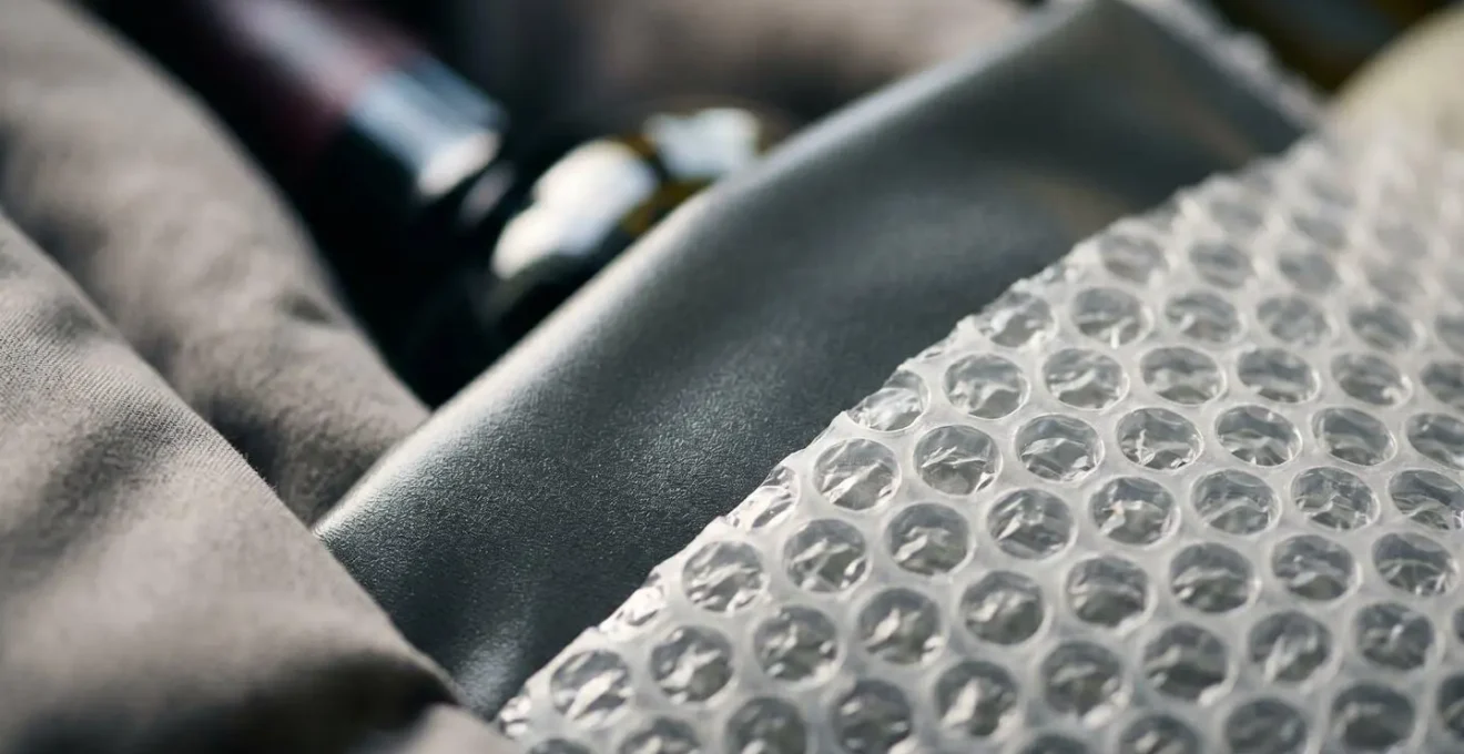 Close-up comparison of wine bottle protection methods showing bubble wrap and insulated materials