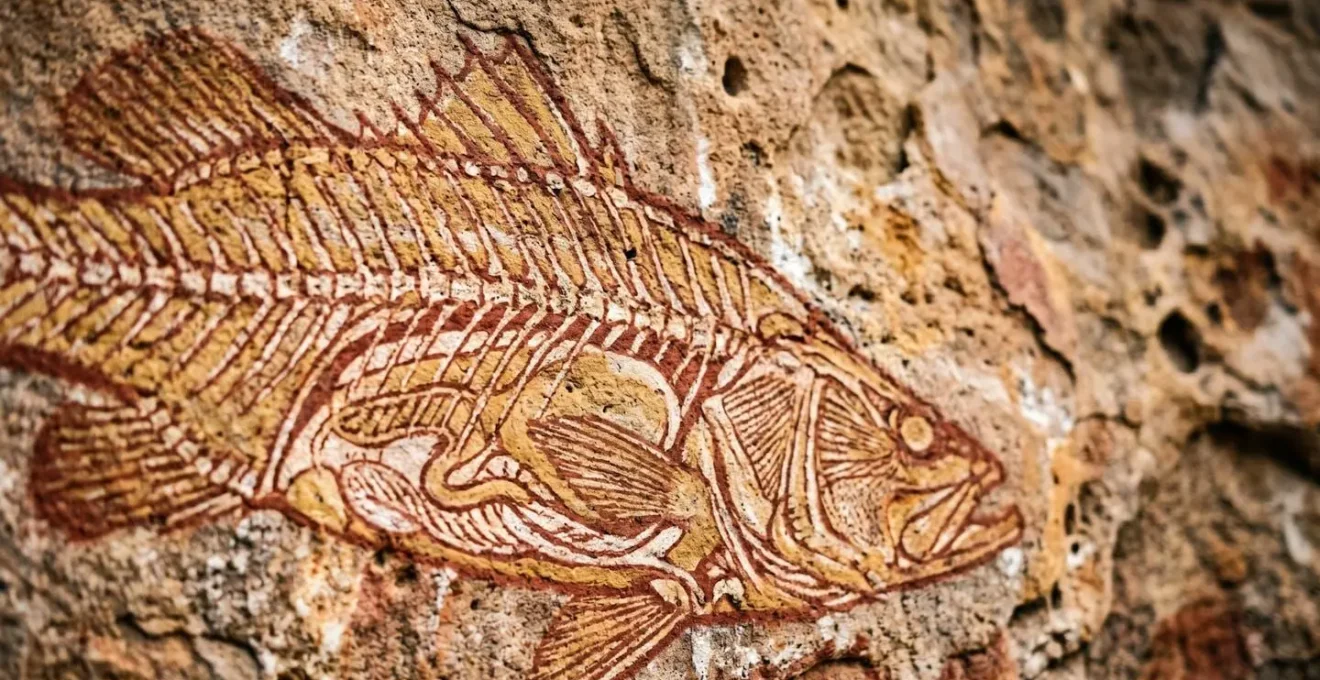 Close-up detail of Aboriginal X-ray style rock art showing anatomical features of a barramundi fish